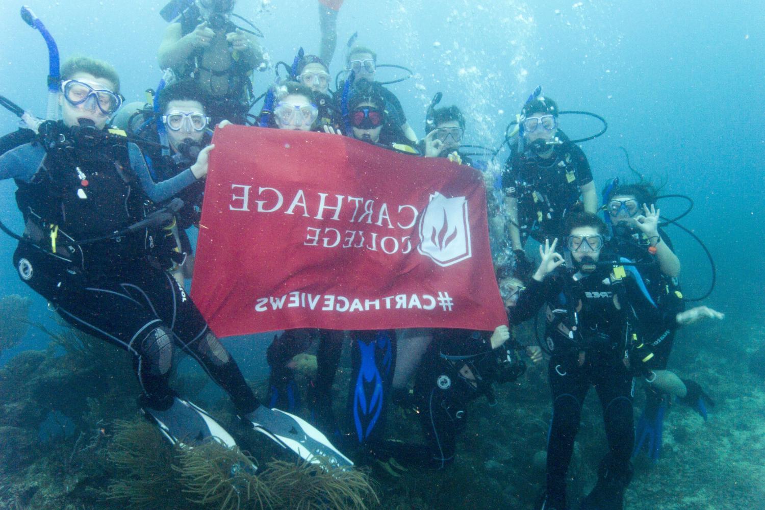 学生们手持<a href='http://gtgq.ngskmc-eis.net'>博彩网址大全</a>旗帜，在j学期洪都拉斯游学之旅中潜水.